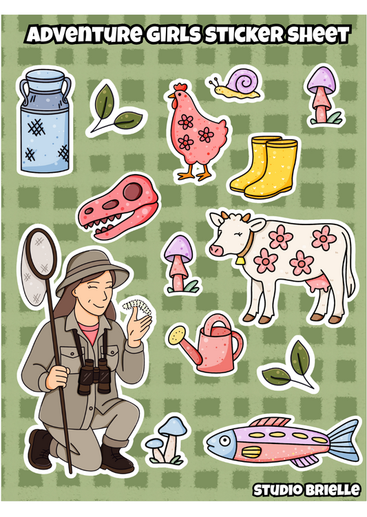 Sticker sheet with various illustrations including a explorer, animals, and nature items on a green background.