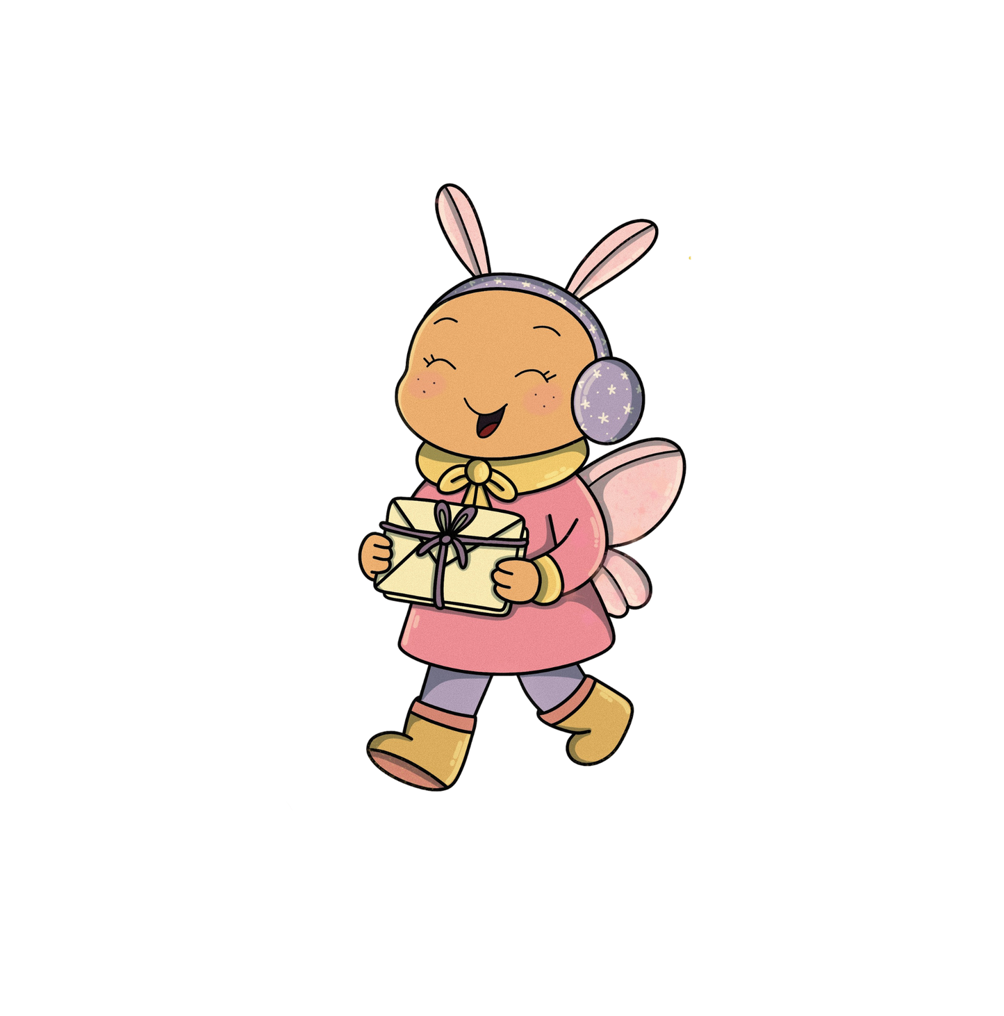 Cartoon character with bunny ears holding a gift box on a white background