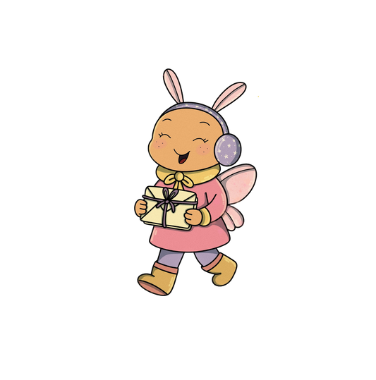 Cartoon character with bunny ears holding a gift box on a white background