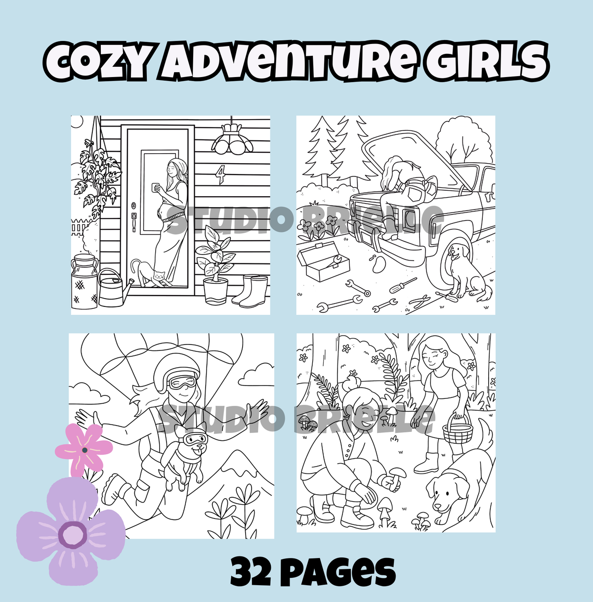 Coloring book for 'Cozy Adventure Girls' with four illustrated pages on a light blue background.
