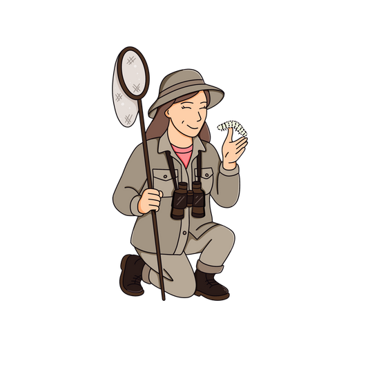 Illustration of a person in outdoor clothing with a net, binoculars, and a small animal on a white background