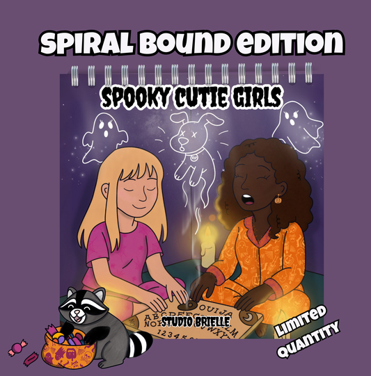 Illustration of two girls with ghost and candle elements on a purple background, promoting 'Spooky Cutie Girls' spiral-bound edition.