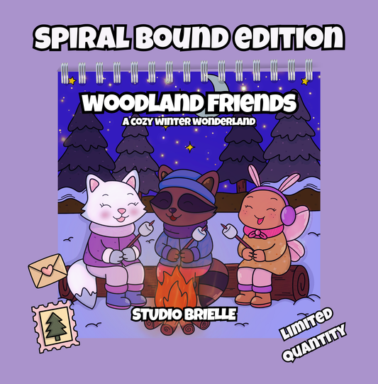 Colouring Book cover with cartoon animals around a campfire, titled 'Woodland Friends', on a purple background.