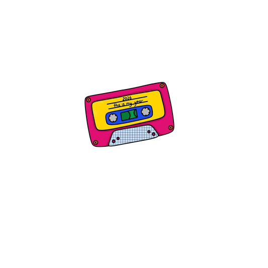Colorful cassette tape design on a white background