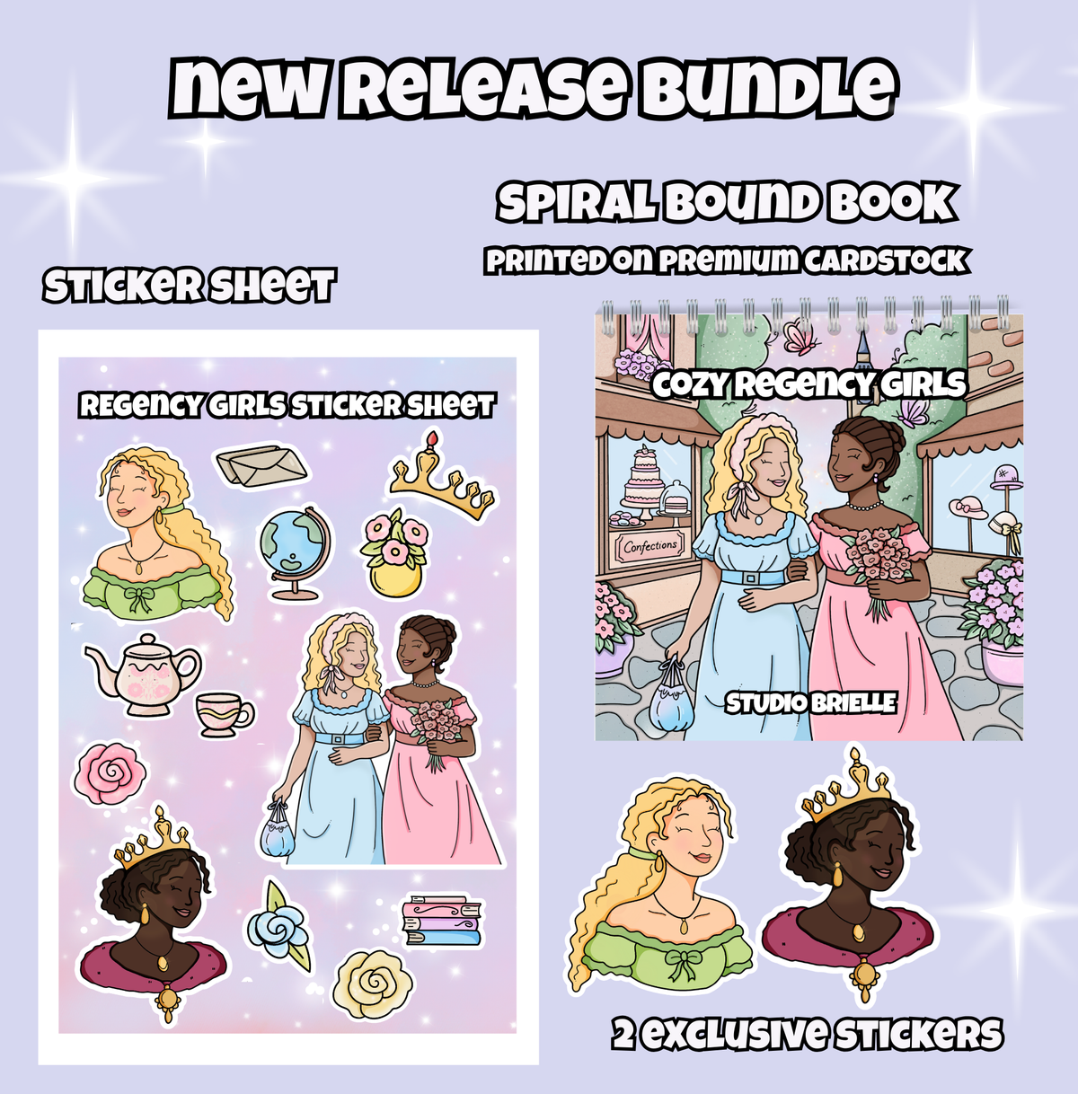 Promotional graphic for a 'Cozy Regency Girls' product bundle with text and illustrations of girls in regency attire.