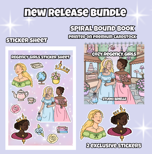 Promotional graphic for a 'Cozy Regency Girls' product bundle with text and illustrations of girls in regency attire.