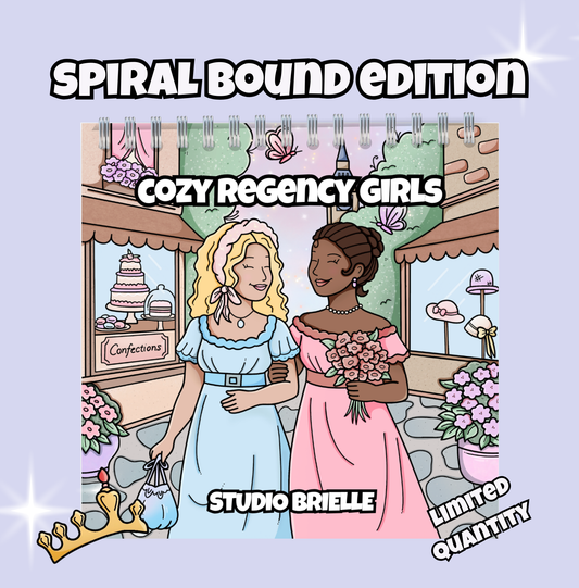 Illustration of two women in a regency setting with text 'Spiral Bound Edition Cozy Regency Girls' and 'Studio Brielle'.