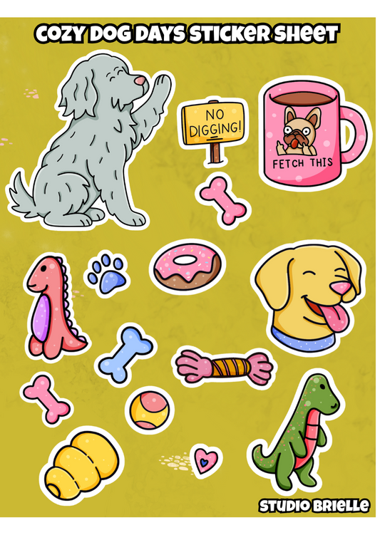 Sticker sheet with dog-themed illustrations on a yellow background