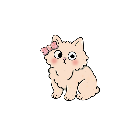 Cartoon cat with a pink bow on a white background