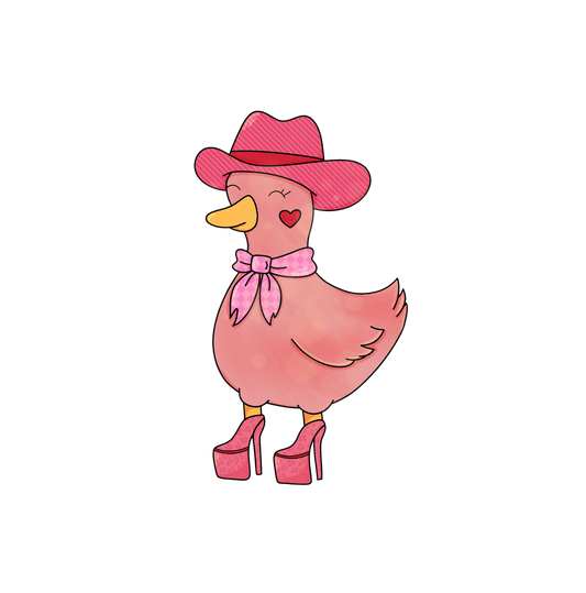 Cartoon duck wearing a pink hat, pink shoes, and a pink bow on a white background