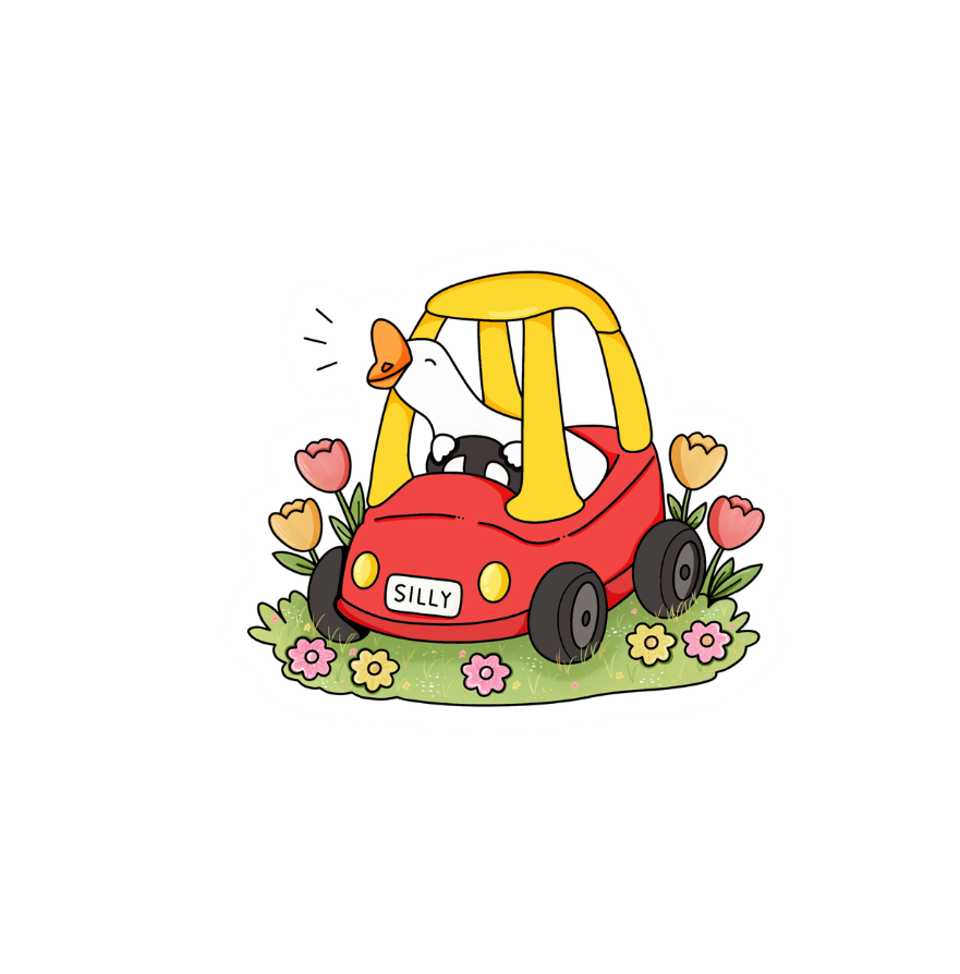 A small cartoon illustration of a red toy car with a yellow canopy, black wheels, and flowers around it, placed on a mostly white canvas with large empty space on the right.