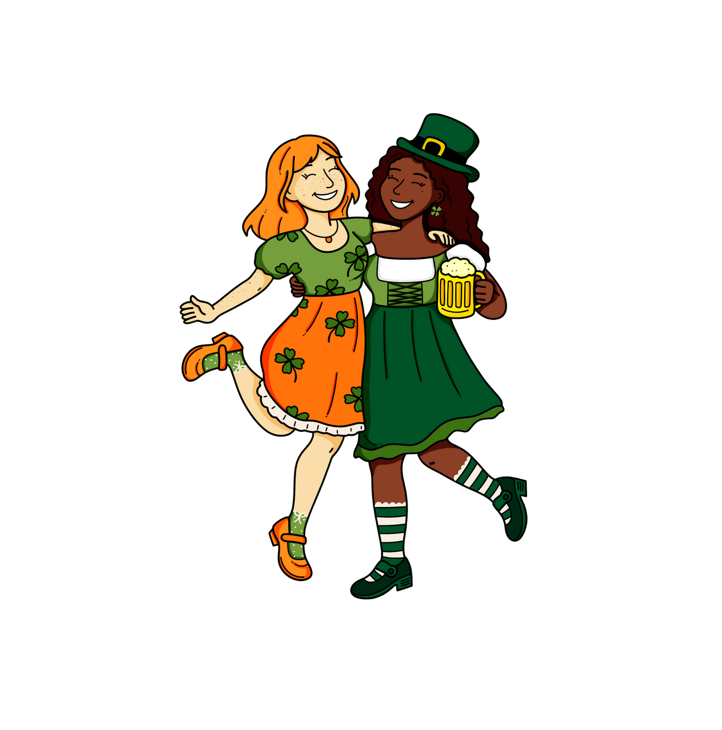 Two women in festive outfits with green and orange colors, one holding a beer mug, on a white background.