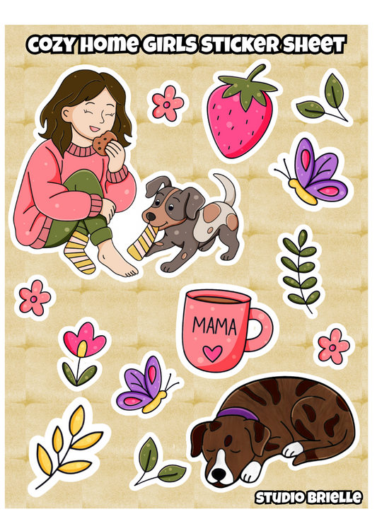 Sticker sheet with illustrations of a girl, dogs, and nature elements on a beige background.