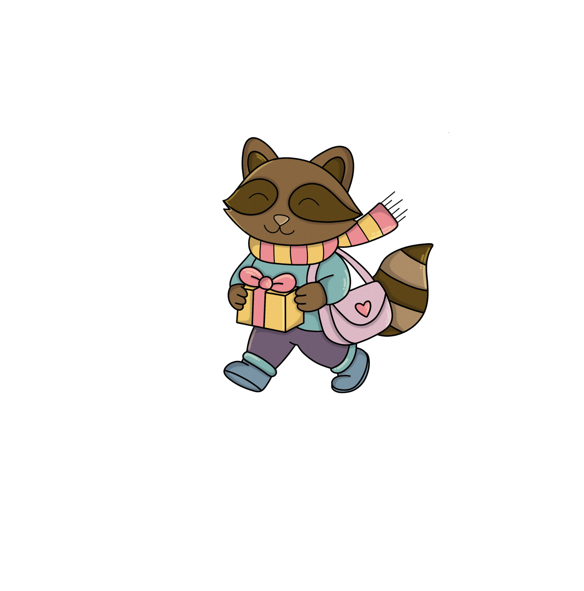 Cartoon raccoon character wearing a scarf, holding a gift, and carrying a bag on a white background