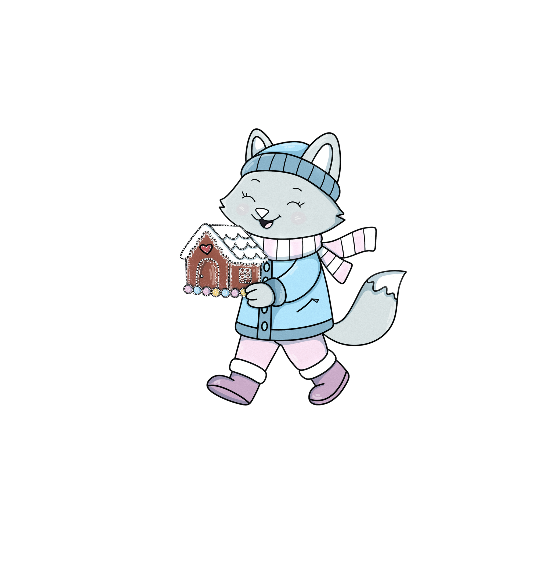 Cartoon fox character in winter clothing holding a gingerbread house on a white background
