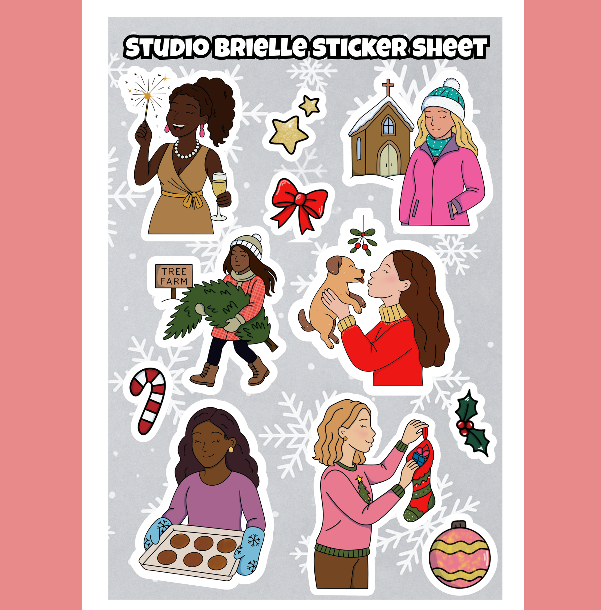 Sticker sheet with illustrated characters and Christmas-themed items on a gray background.