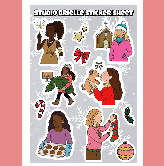Sticker sheet with illustrated characters and Christmas-themed items on a gray background.