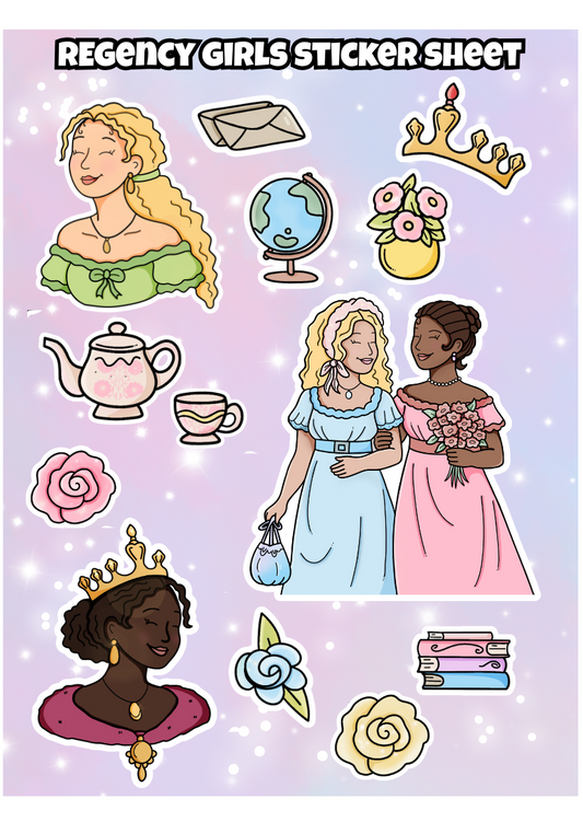 Sticker sheet with regency-themed girls and accessories on a purple background