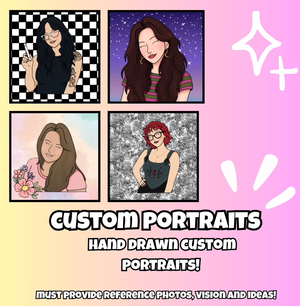 Four hand-drawn portraits on a colorful background with promotional text for custom portraits.