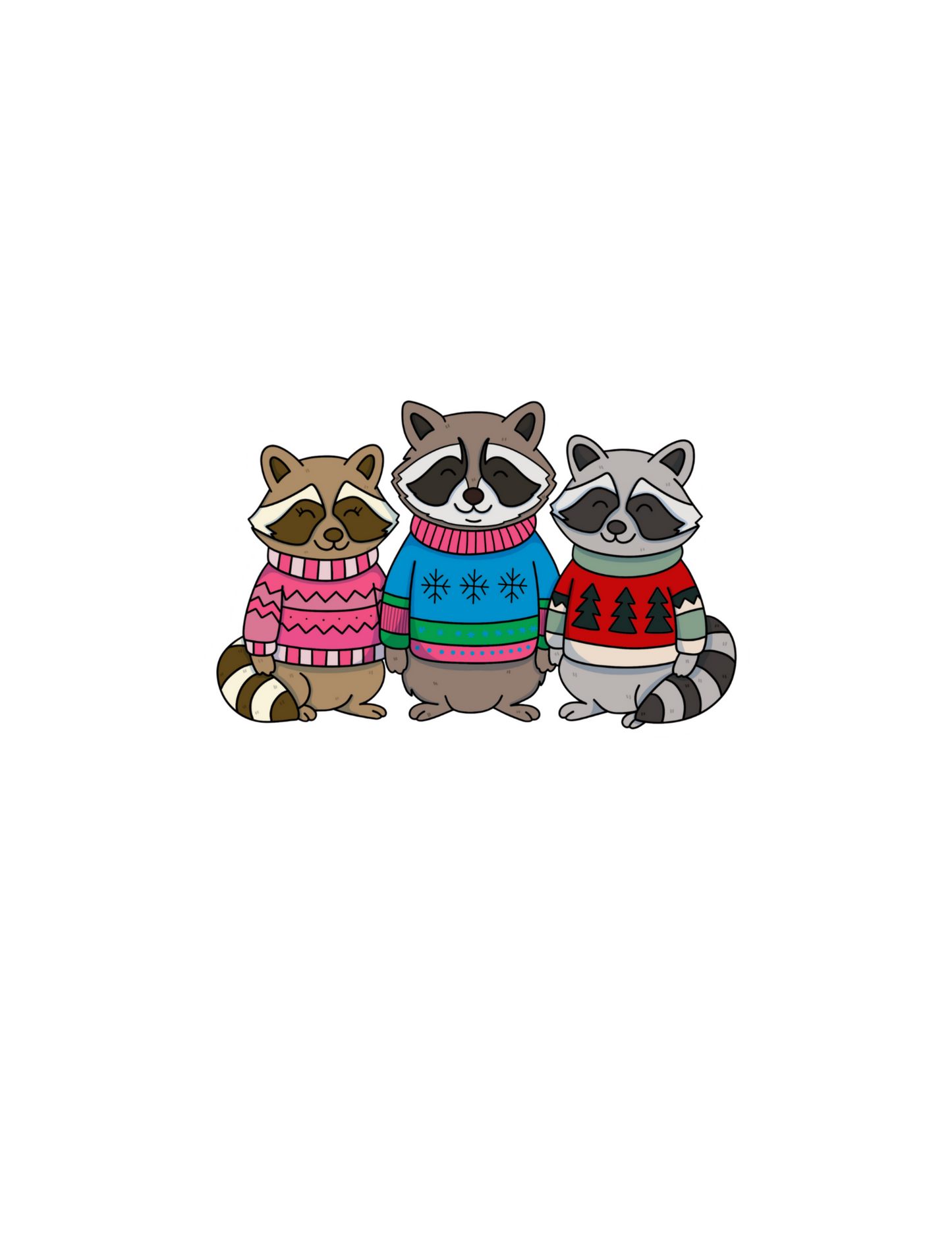 Three cartoon raccoons wearing colorful sweaters on a white background