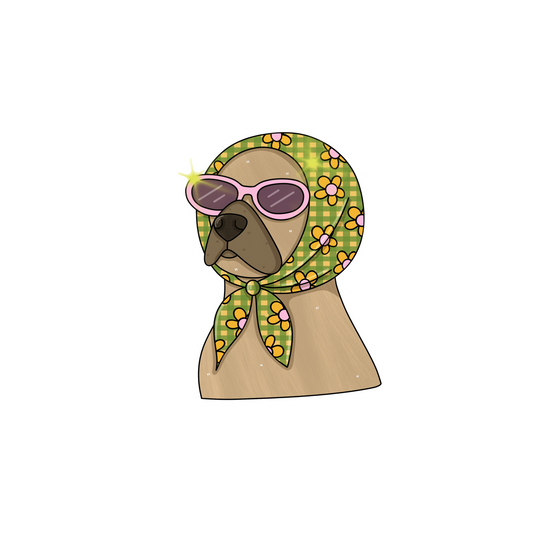 Illustration of a dog wearing sunglasses and a green checkered headscarf on a white background
