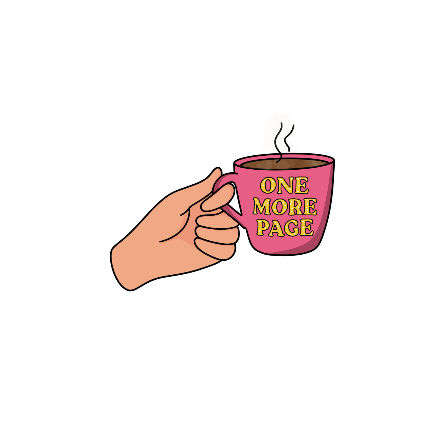 Illustration of a hand holding a pink mug with 'ONE MORE PAGE' text on a white background