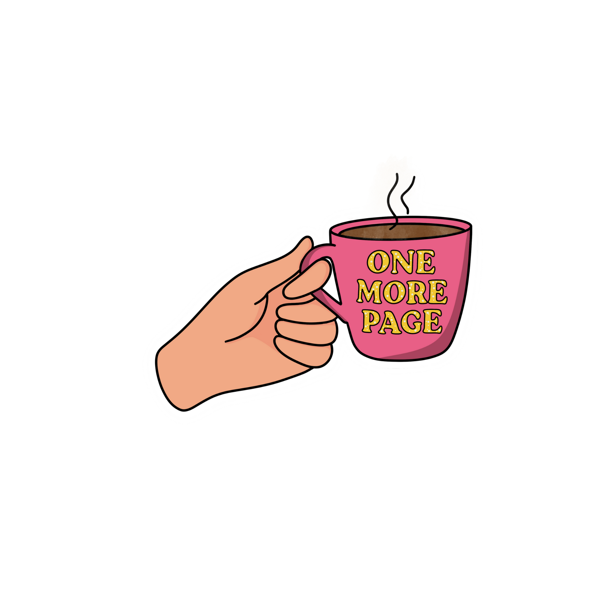 Illustration of a hand holding a pink mug with 'ONE MORE PAGE' text on a white background