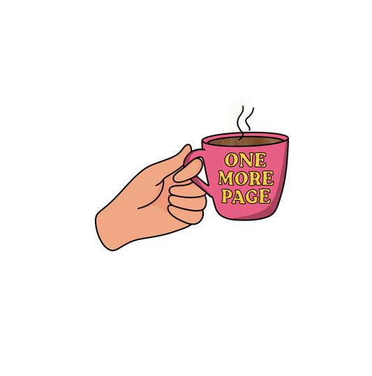 Illustration of a hand holding a pink mug with 'ONE MORE PAGE' text on a white background